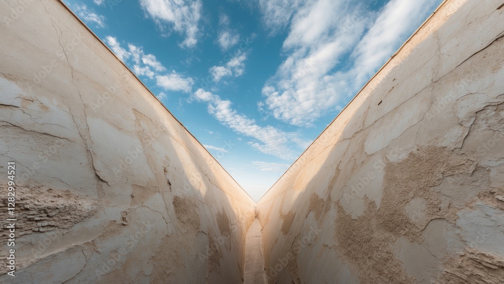 Poster narrow crevice between weathered walls under blue sky with scattered clouds and soft light illuminat