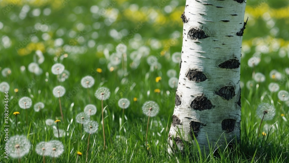 Aufkleber birch tree trunk with white bark surrounded by blooming dandelions in a green grassy field on a sunn
