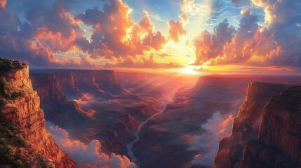 A vivid anime-style depiction of the Grand Canyon at sunrise, dynamic shadows contrasting with glowing sunlight, rugged cliffs and serene valleys framed by a vibrant morning sky. --ar 16:9