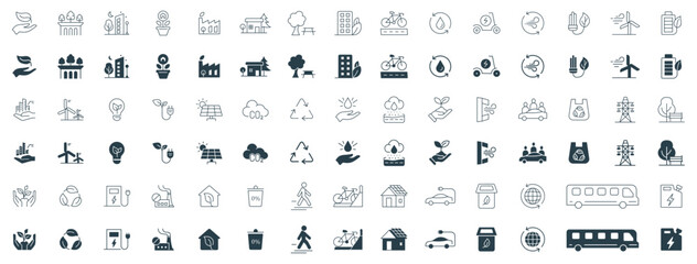 Green City Line and Solid Icon Set. Vector Illustration of Eco-Friendly Living, Renewable Energy, Green Buildings, Clean Energy, and Environmental Sustainability