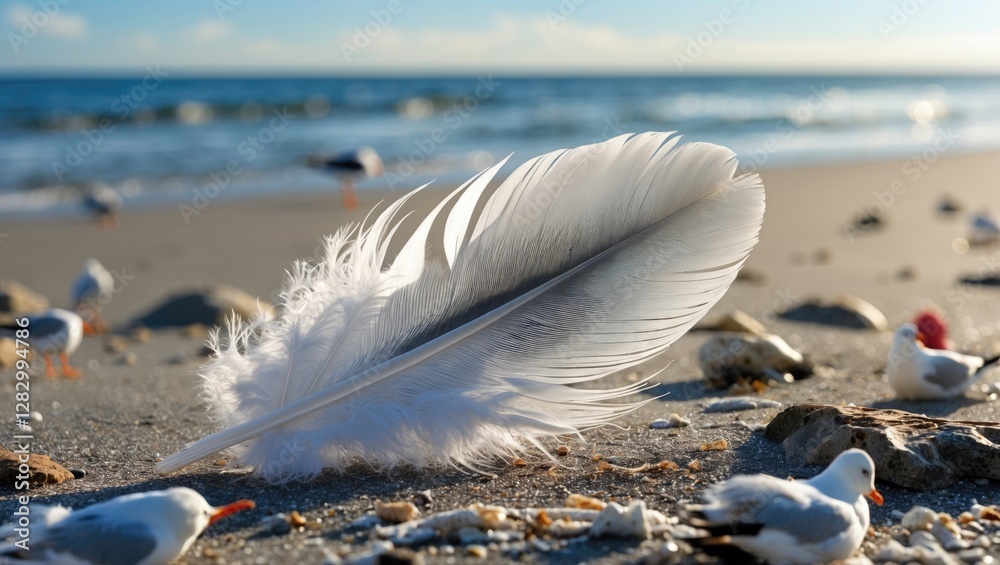 Poster white feather on sandy beach with seagulls and ocean background in soft sunlight.