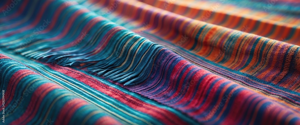 Poster colorful textile fabric with vibrant stripes and fringes detail showcasing intricate weaving pattern