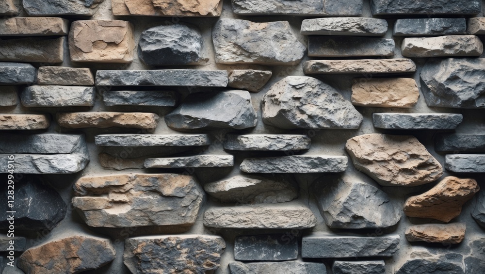 Poster textured stone wall with various shades of gray and earthy brown stones arranged in a natural patter