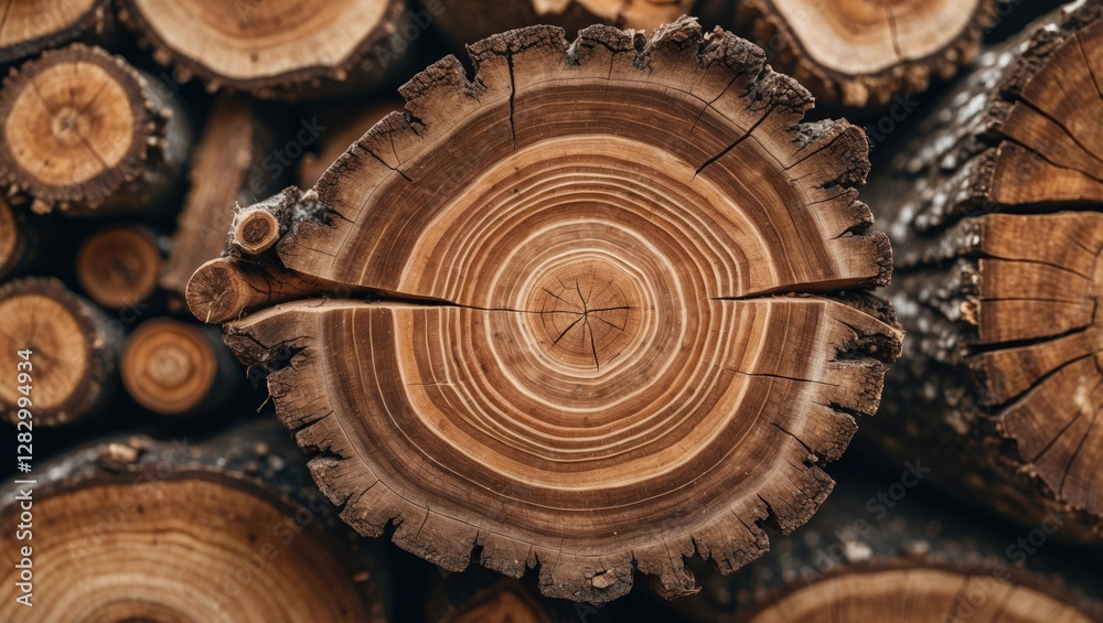 Aufkleber cross-section of a tree stump showing growth rings and natural texture stacked logs in background