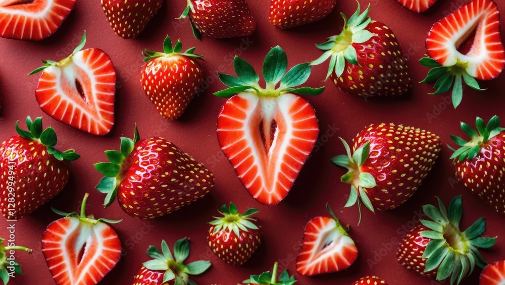 Poster freshly sliced strawberries arranged on a deep red background showcasing whole and halved fruits wit