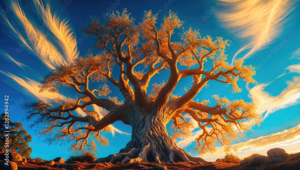 Poster majestic large tree with intricate branches against a vibrant sunset sky and swirling clouds in a na