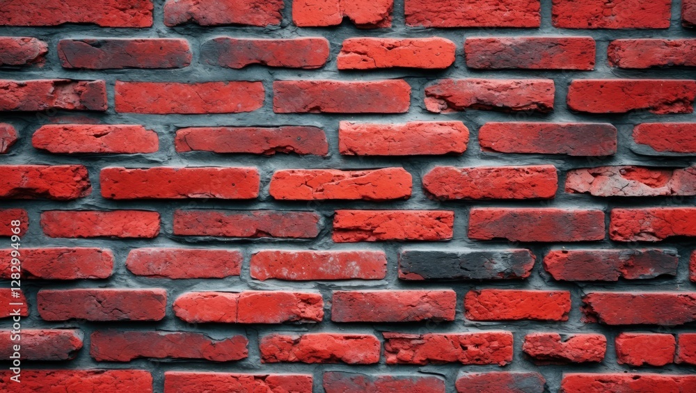 Poster Red brick wall texture background with various sizes and shades of bricks arranged in a uniform pattern