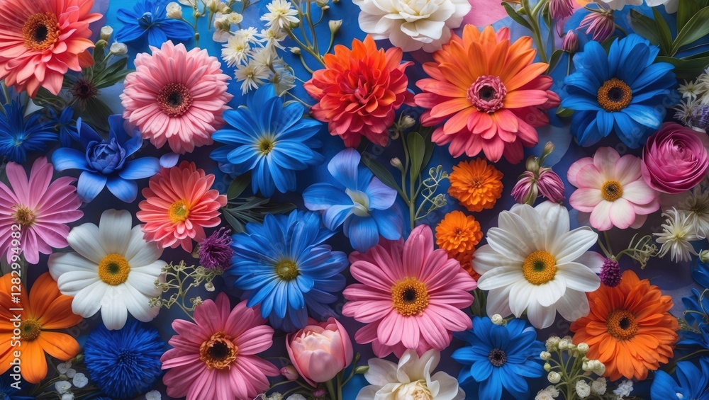 Poster colorful assortment of various flowers arranged on a blue background displaying vibrant petals and d