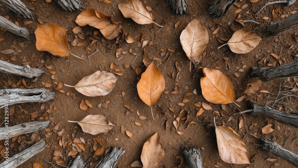 Poster autumn leaves scattered on bare ground surrounded by tree branches in a natural setting.
