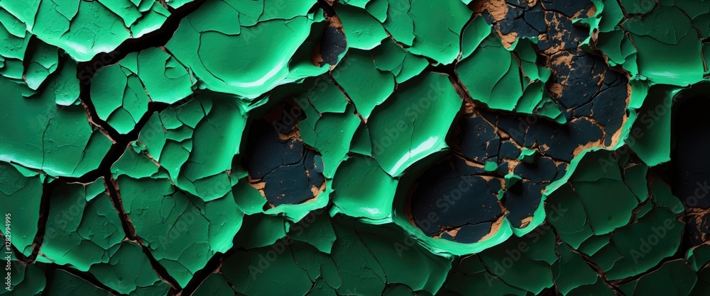 Poster cracked green paint texture with dark background and metallic accents in abstract close-up image