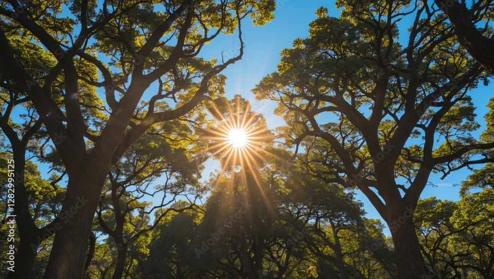 Aufkleber Sunlight filtering through dense tree canopy creating starburst effect with vibrant green leaves and blue sky in forest setting