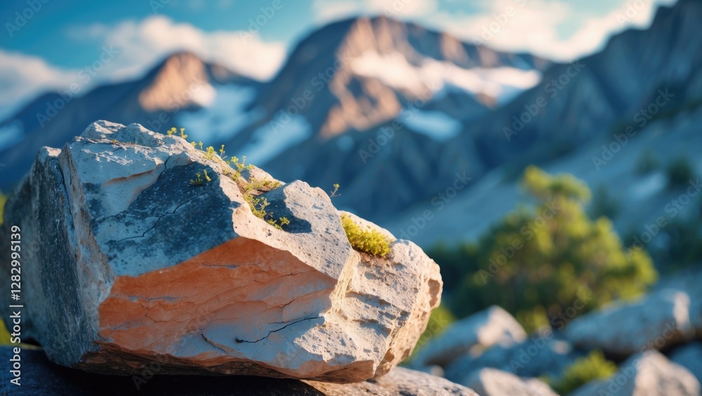 Poster close-up of a textured rock with green moss in a mountainous landscape, soft focus on distant peaks 