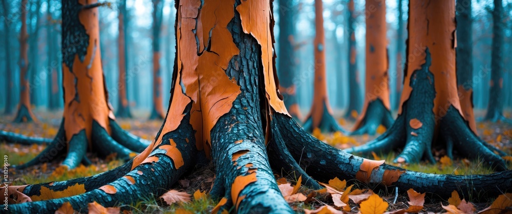Poster Autumn forest scene with textured tree trunks displaying orange bark and fallen leaves in a dense misty atmosphere