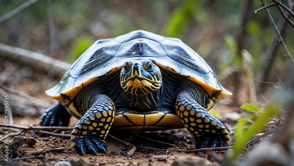 Poster Close-up of a turtle on the forest floor with detailed shell pattern and vibrant colors in a natural habitat setting