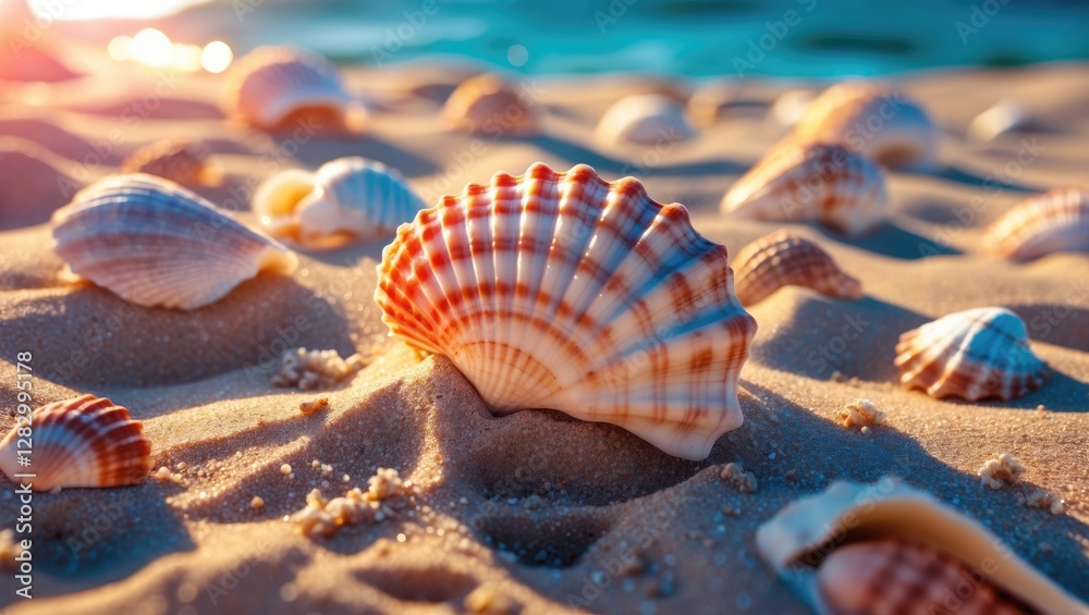 Poster close-up of assorted seashells scattered on sandy beach with soft sunlight illuminating the scene