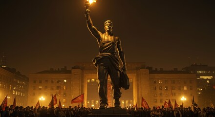 Fototapeta premium Statue illuminating progress, Worker's torch against labor rights gathering