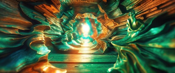 Fototapeta premium Colorful abstract wooden tunnel with dynamic swirling patterns and a glowing light source creating a surreal depth perception.