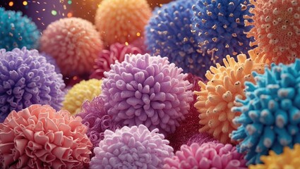 Obraz premium Colorful abstract representation of viruses or microbes with detailed textures and various shapes against a blurred background.
