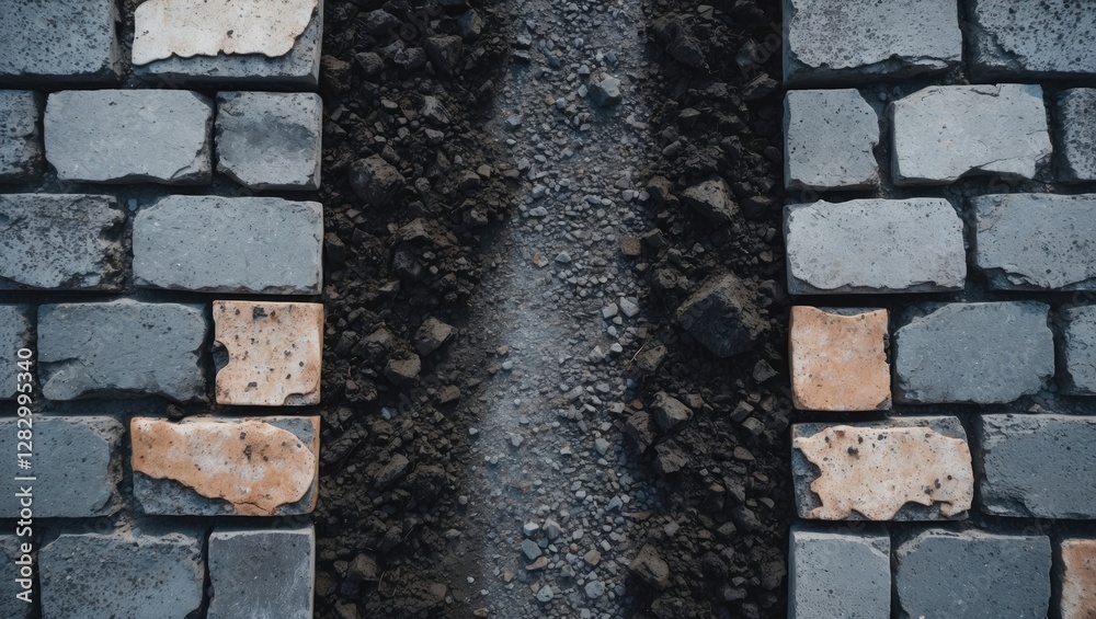 Aufkleber aerial view of cobblestone pathway with soil and gravel between stone blocks in urban area
