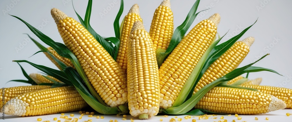 Poster freshly harvested yellow corn cobs arranged with green leaves on a plain background displaying natur