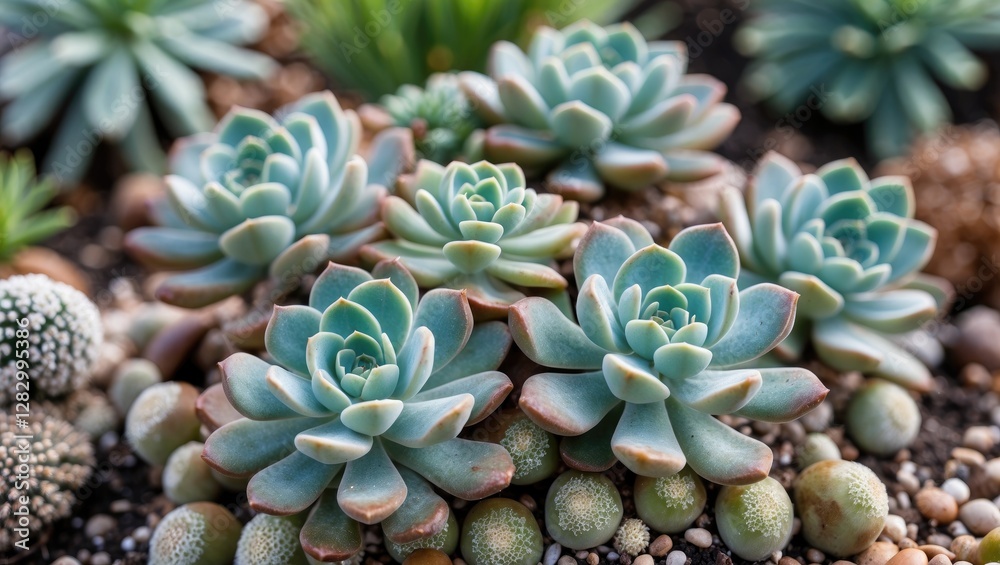 Poster succulent plants in a landscaped arrangement with varying shapes and sizes on a bed of small pebbles