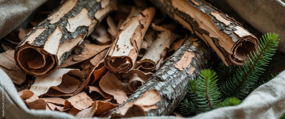 Aufkleber natural rustic wood bark pieces with curled edges and brown shavings in a textile container surround