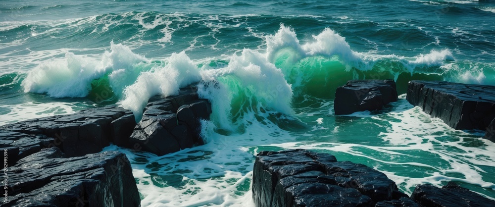 Poster waves crashing against dark rocks in a turbulent ocean with frothy water and vivid turquoise colors 