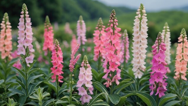 Colorful field of Angelonia flowers in full bloom showcasing shades of pink and white with lush green foliage and distant hills in the background.
