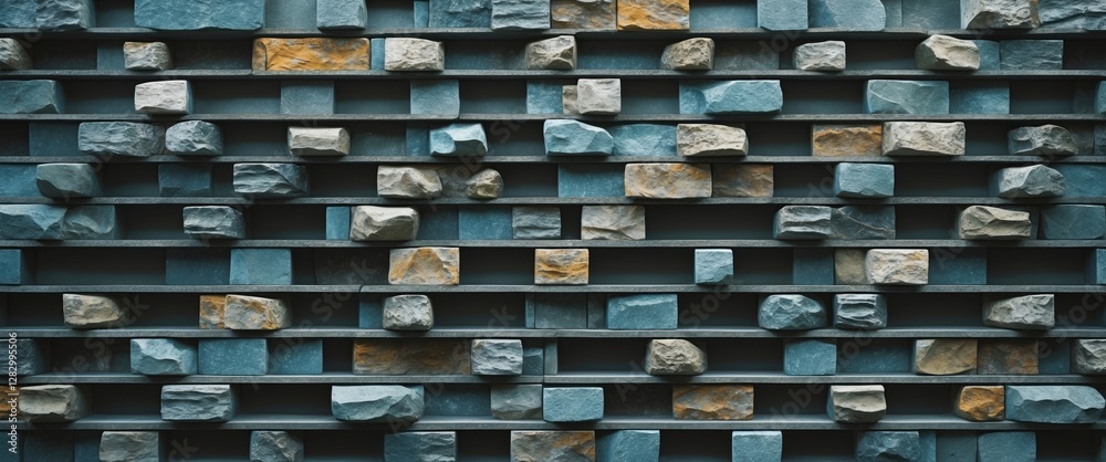 Poster Textured stone wall with alternating blue and natural stones arranged in a structured pattern for architectural background use.
