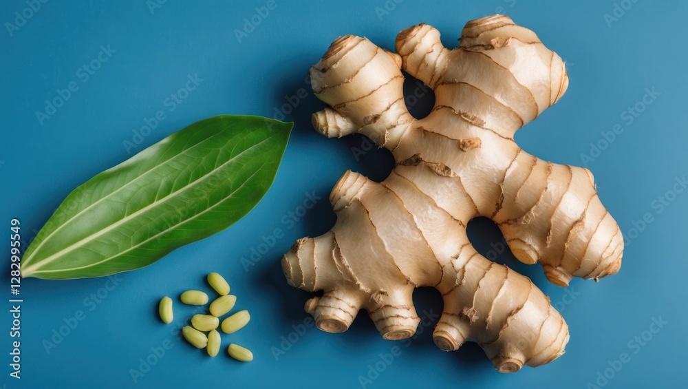 Poster fresh ginger root with green leaf and seeds on blue background top view