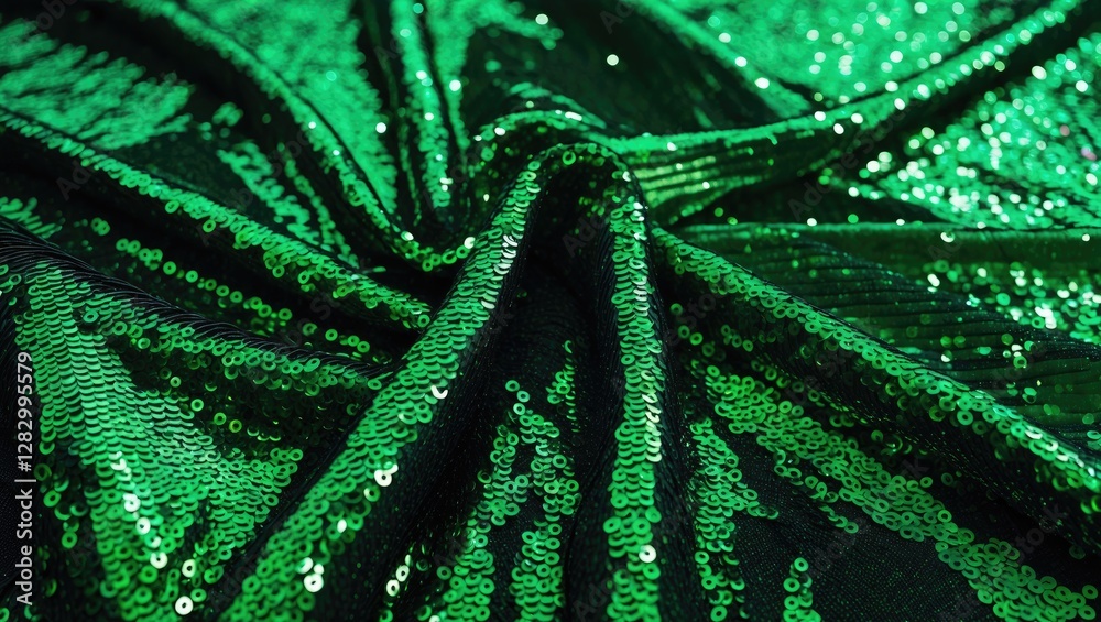 Poster Green sequin fabric textured background with shimmering sequins and folds for fashion design and textile industry use.