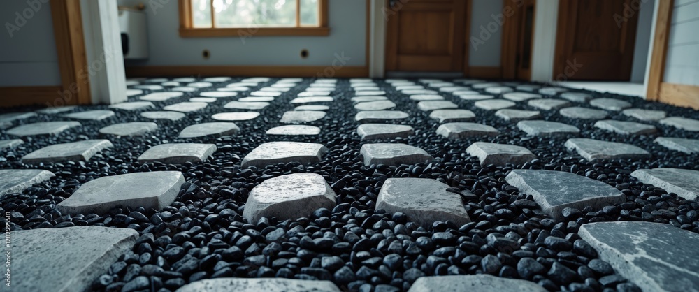 Aufkleber Textured stone pathway with dark pebbles and square tiles in modern interior setting. Natural light illuminating the floor design.