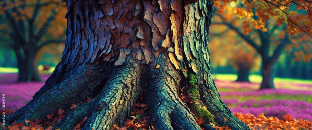 Poster large tree trunk with textured bark and expansive roots in a colorful autumn landscape with purple f