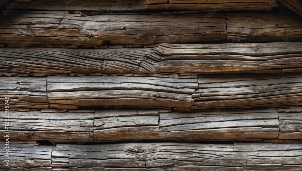 Poster Close-up of weathered wooden logs forming a rustic wall texture in horizontal alignment with natural grain patterns and color variations.