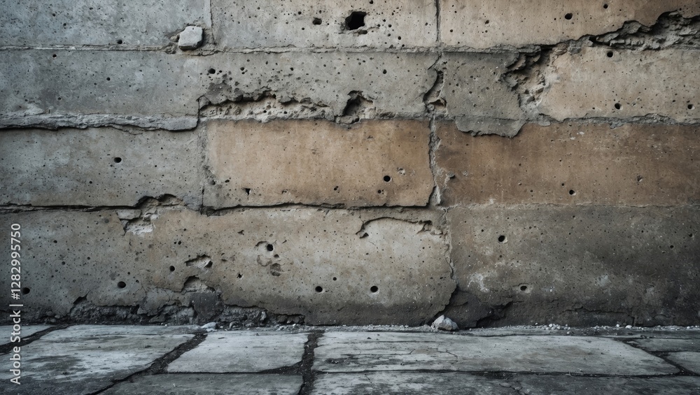 Aufkleber Weathered concrete wall with visible aggregate and erosion patterns showcasing industrial texture and raw surface detail