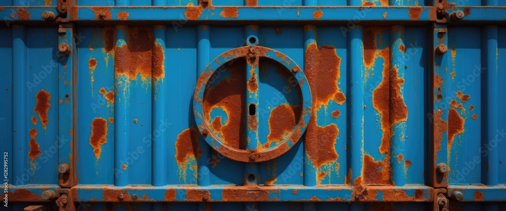 Poster Rusty blue metal container side with circular emblem and textured corrosion pattern