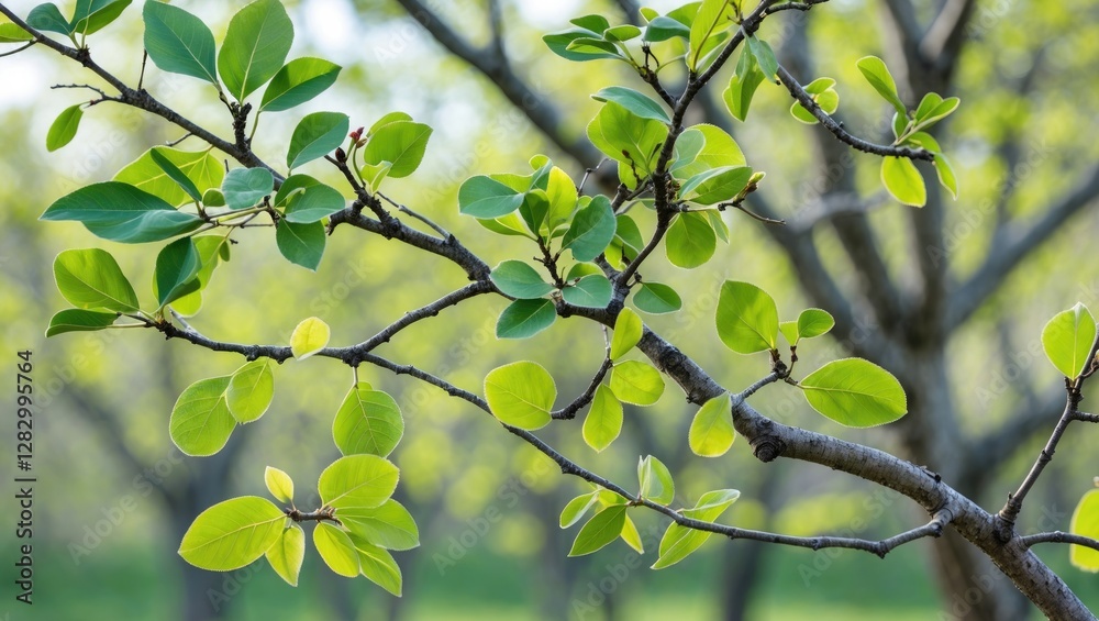 Poster green leafed branches of a tree with blurred background of foliage in daylight showcasing vibrant na