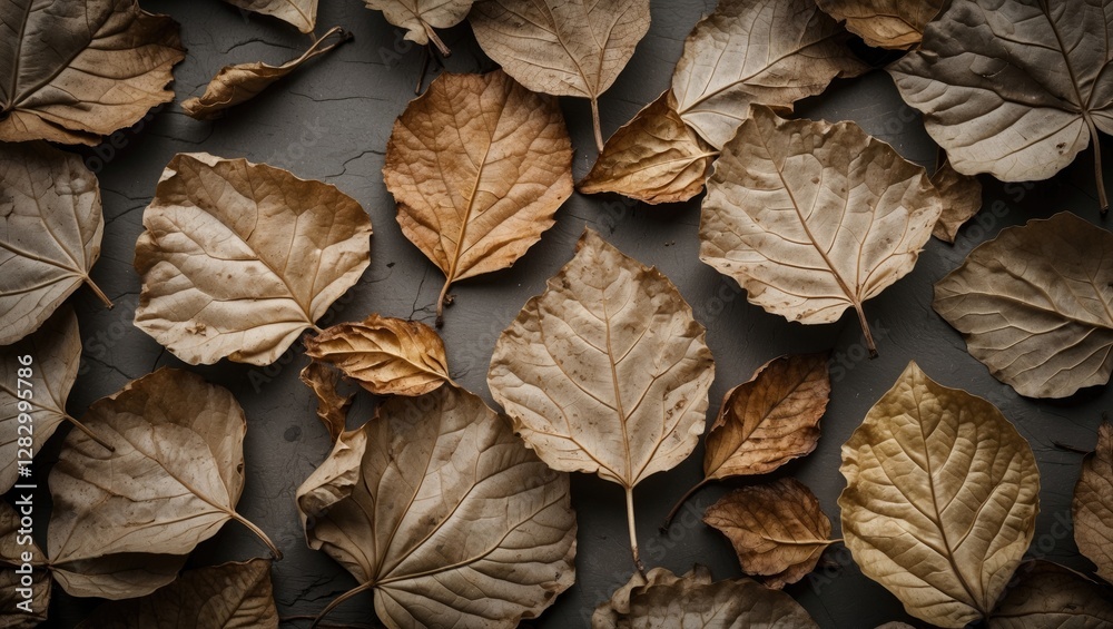 Aufkleber dried autumn leaves arranged on a textured surface in earthy tones of brown and beige with visible v