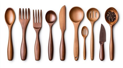 Wooden Kitchen Utensils Collection Isolated on White Background. Generative AI