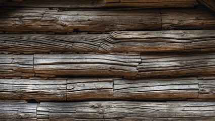 Close-up of weathered wooden logs forming a rustic wall texture in horizontal alignment with natural grain patterns and color variations.