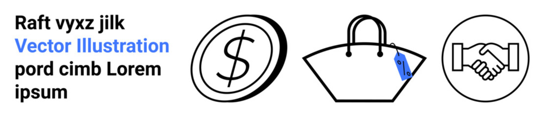 Circular dollar sign, shopping bag with tag, and handshake icons combining finance, shopping, trust, collaboration, business, commerce and partnerships. Ideal for retail e-commerce marketing