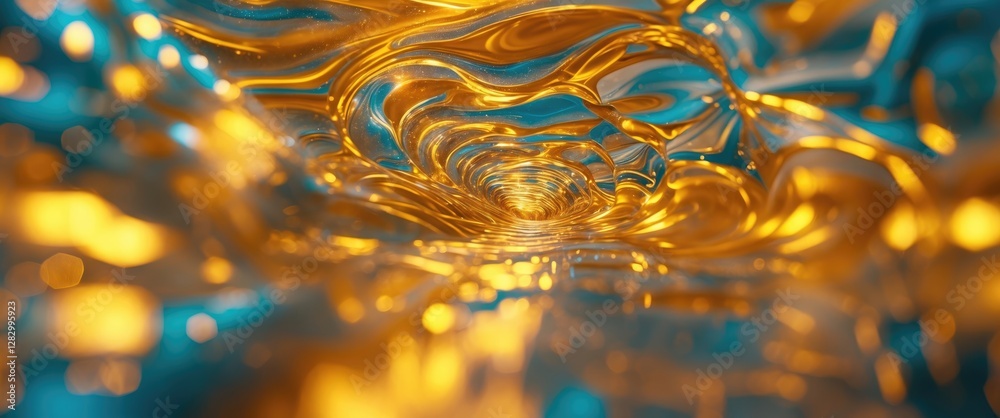 Poster fluid gold and blue abstract background with swirling patterns and soft reflections creating an eleg