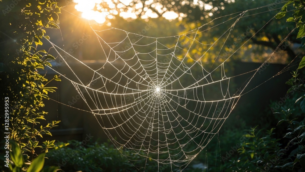 Poster spider web illuminated by sunlight in a natural garden setting with green foliage and blurred backgr