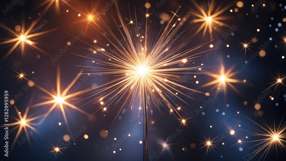 Poster Sparkler with bright glowing sparks radiating against a dark blue background creating a festive atmosphere with bokeh effect.