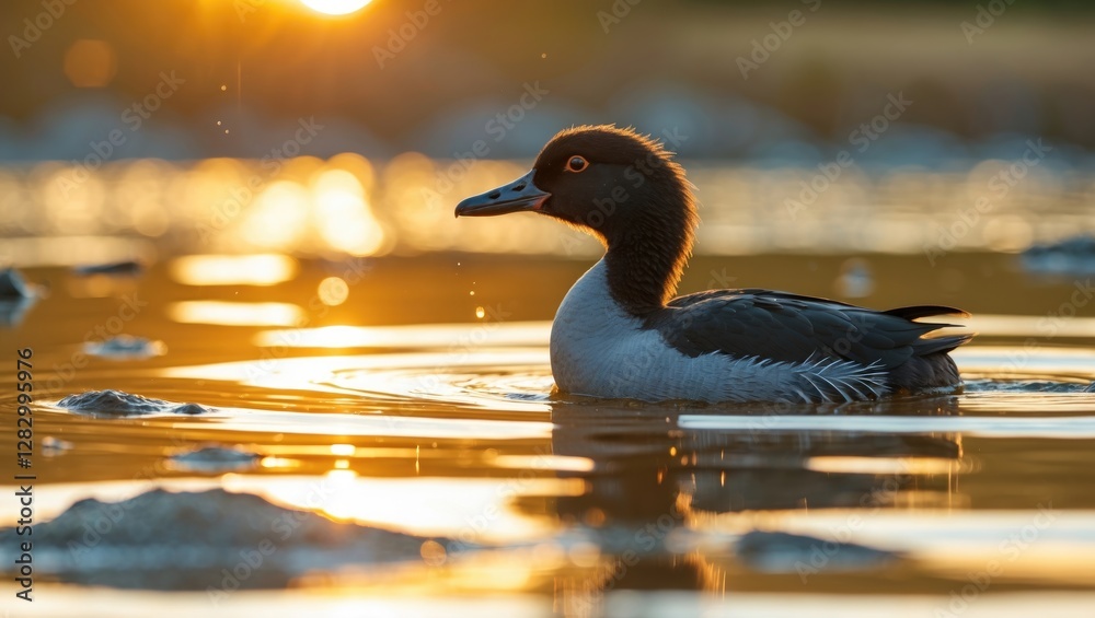 Aufkleber goldeneye duck swimming in tranquil water during sunset with reflections and ripples on the surface.