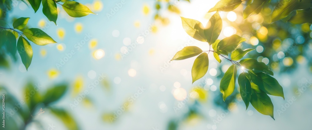 Poster Sunlight filtering through green leaves with a blurred bokeh background creating a tranquil nature scene