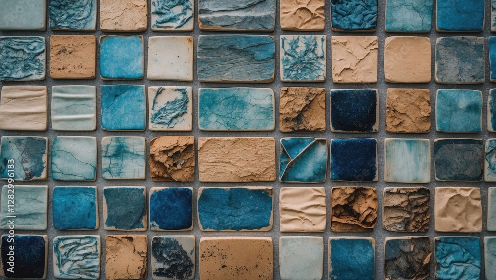 Poster textured ceramic tiles in various shades of blue and beige arranged in a grid pattern for interior d
