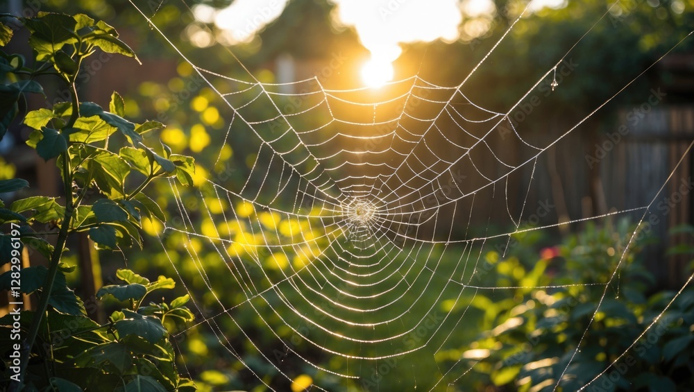 Aufkleber Detailed close-up of a spider web glistening in sunlight with blurred green foliage and a soft bokeh background at sunset.