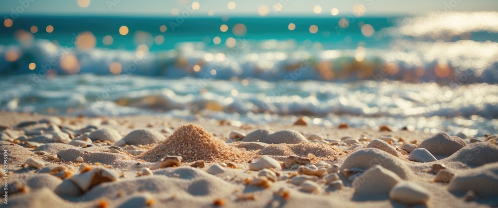 Poster Beach scene with soft sand dunes and seashells in foreground with ocean waves and bokeh effects in background during daytime.