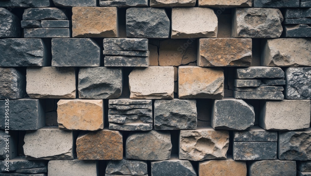 Aufkleber Textured stone wall background composed of various sizes and colors of rectangular and square stones arranged in a unique pattern.